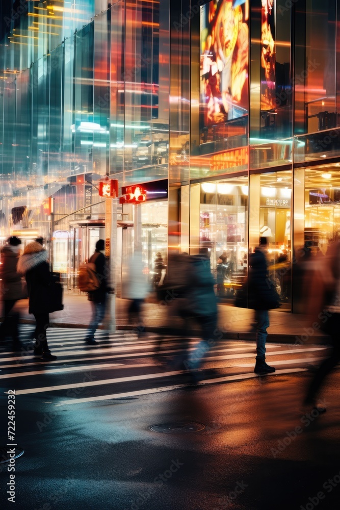 A blurry image of people walking across a busy street. Generative AI.