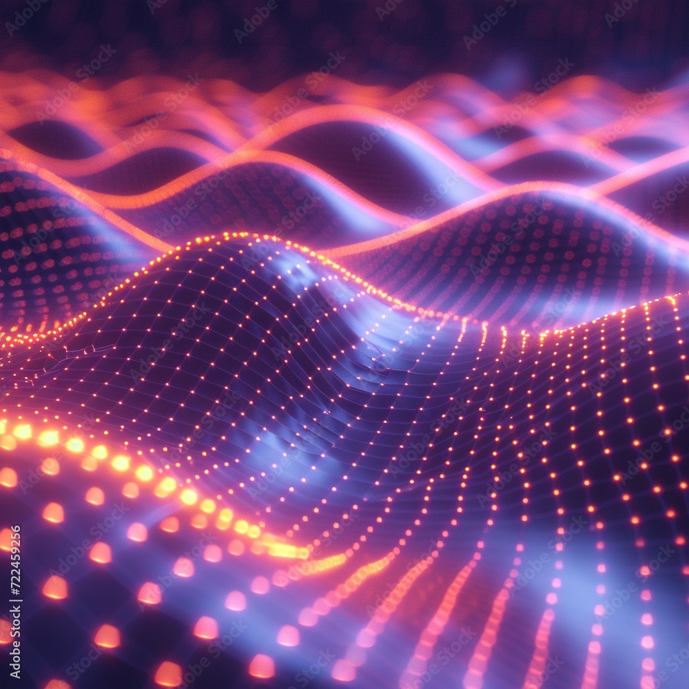 Abstract wave made out of grids that are seen from a cinematic view of one of the holy geometry shapes, the shape is clearly animated, clear neon lines, 3d render, nothingness. Wallpaper, pattern.
