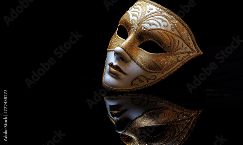 elegant golden carnival mask with intricate design on black background