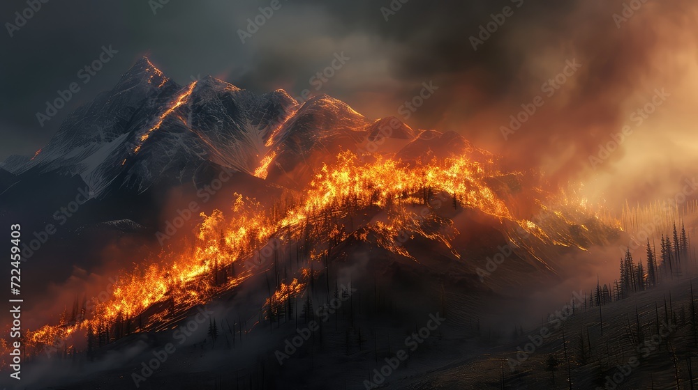 a black forest on a mountainside engulfed in fire, a lot of smoke and fire.. - obrazy, fototapety, plakaty 