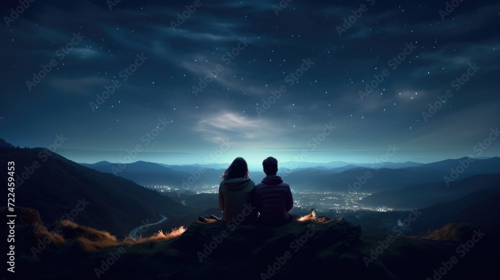 Couple sitting on top of mountain at night with stars in the sky. Generative AI.