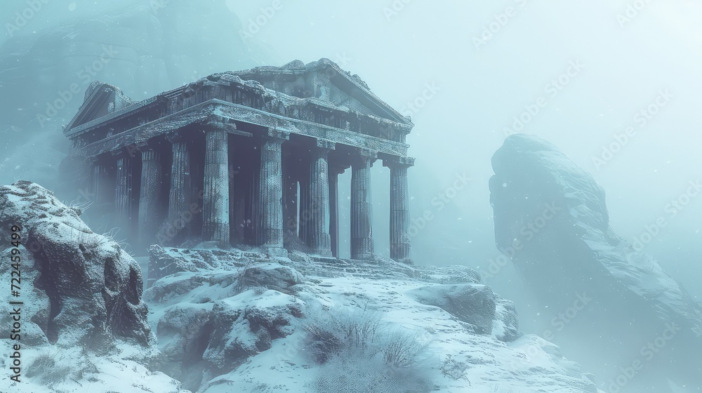 Fototapeta Mystical ancient temple among snow-capped mountains, shrouded in fog - a scene of serenity and mystery