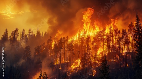 a black forest on a mountainside engulfed in fire, a lot of smoke and fire..