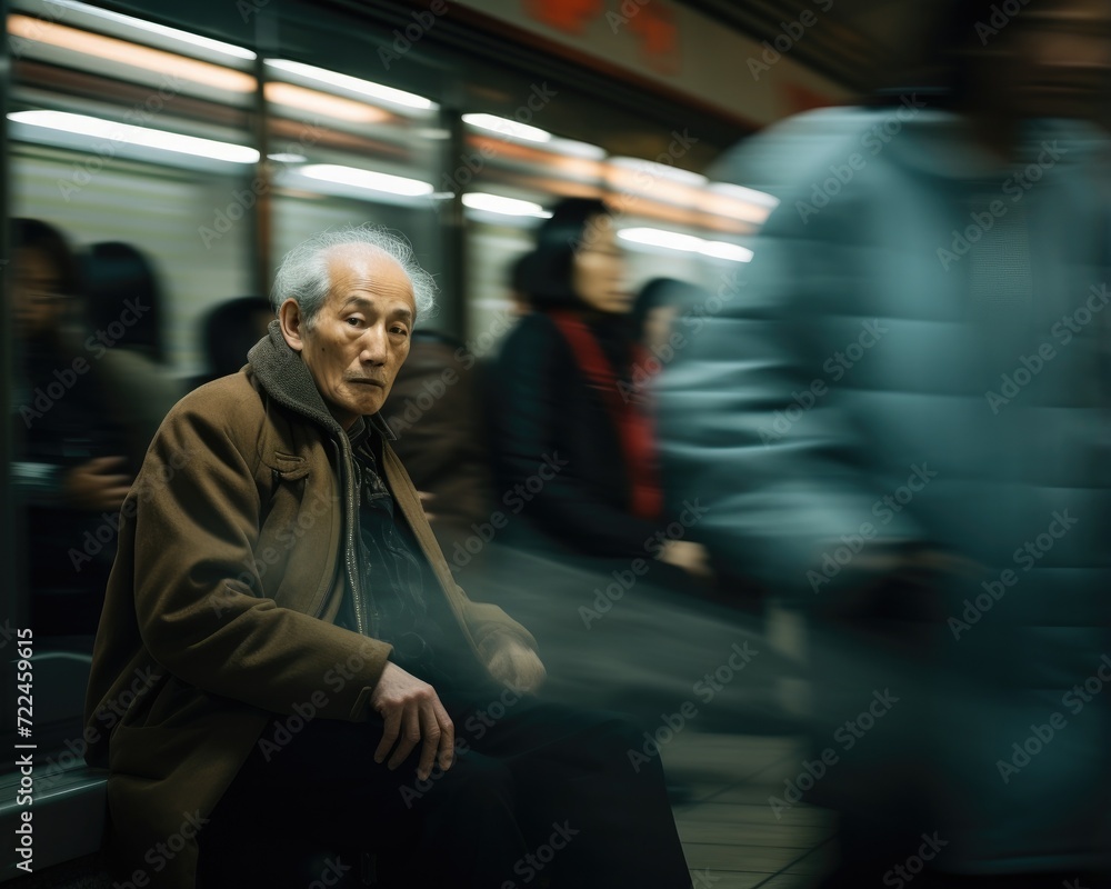 An elderly man sitting on a bench in a subway station. Generative AI. An elderly man sitting on a bench in a subway station. Generative AI.