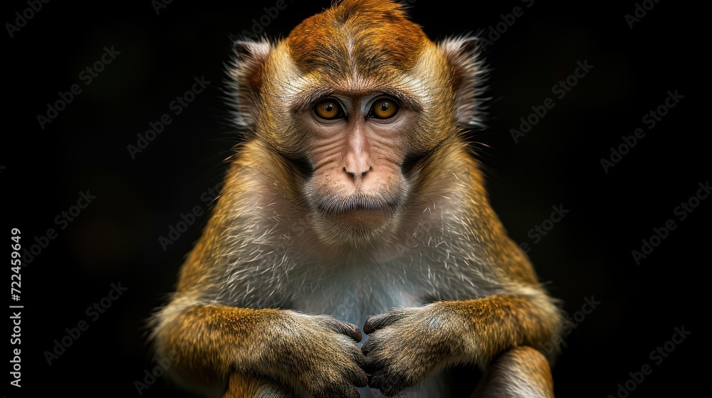 Obraz premium a close up of a monkey's face with one eye open and one paw on the other side of the face.