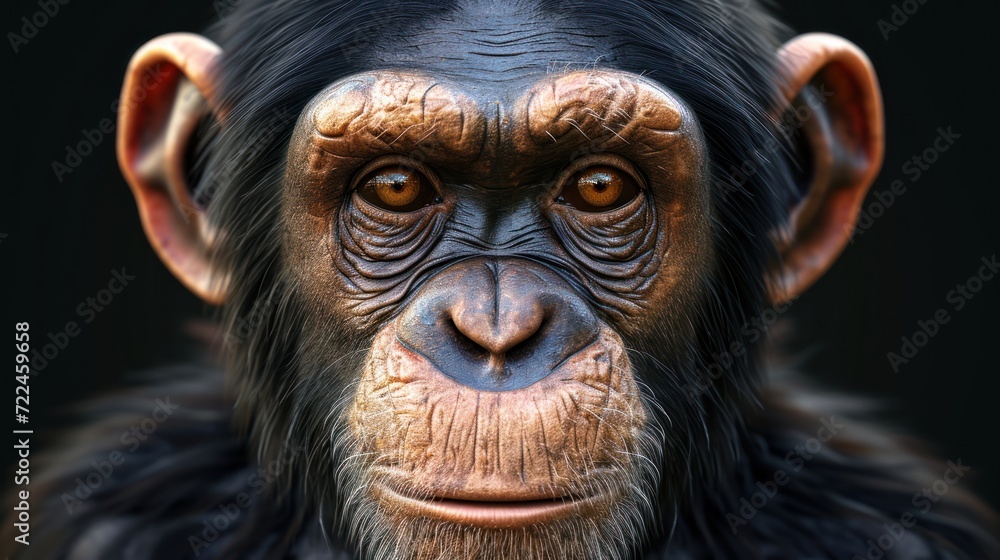  a close up of a monkey's face with a serious look on it's face and a black background.