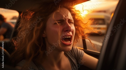 A woman is screaming in the car at sunset. Generative AI.