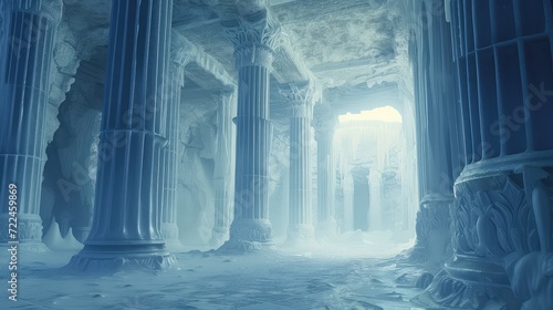 Mystical ancient temple among snow-capped mountains, shrouded in fog - a scene of serenity and mystery