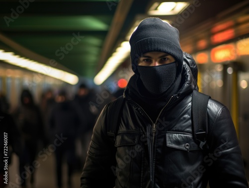 A man wearing a black mask and black jacket in a subway. Generative AI.