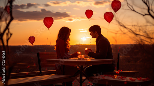Romantic evening date in a nature with red heart-shaped balloons