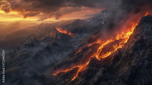 a black forest on a mountainside engulfed in fire, a lot of smoke and fire.. © DZMITRY