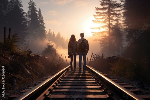 A couple walking on a railroad track at sunset. Generative AI.