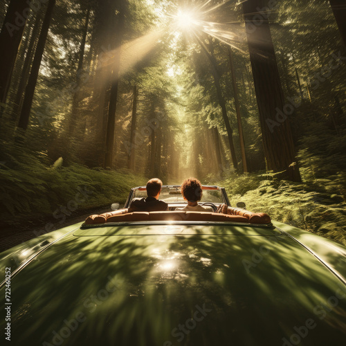 A couple in a convertible car driving through a forest. Generative AI. © serg3d