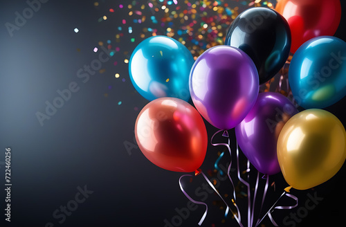 Colorful balloons confetti on dark background. Copy place.