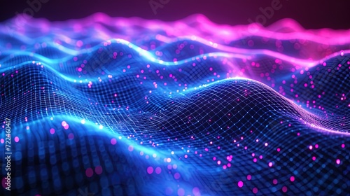 Abstract wave made out of grids that are seen from a cinematic view of one of the holy geometry shapes, the shape is clearly animated, clear neon lines, 3d render, nothingness. Wallpaper, pattern. © MiniMaxi