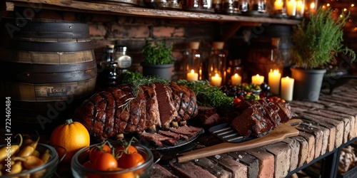 Festive Holiday Table with Roasted Meat and Candles | Gourmet Banquet Setting