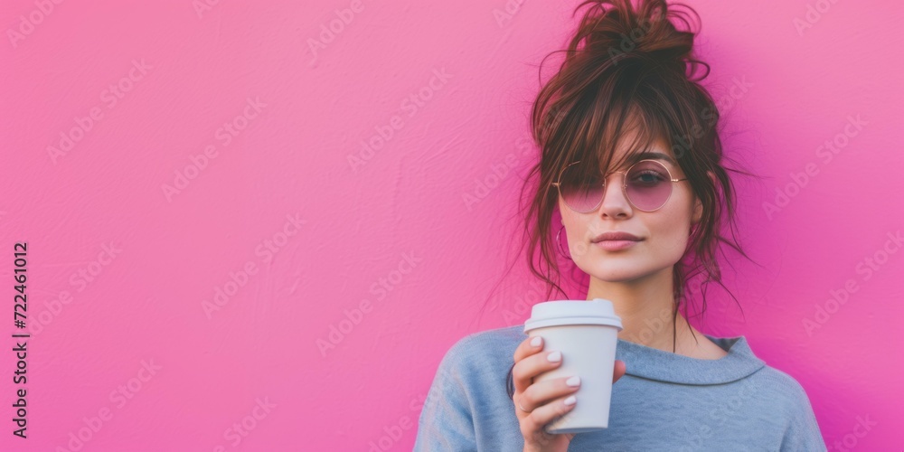 Stylish Young Woman with Coffee on Pink Background, Urban Lifestyle Stylish Young Woman with Coffee on Pink Background, Urban Lifestyle