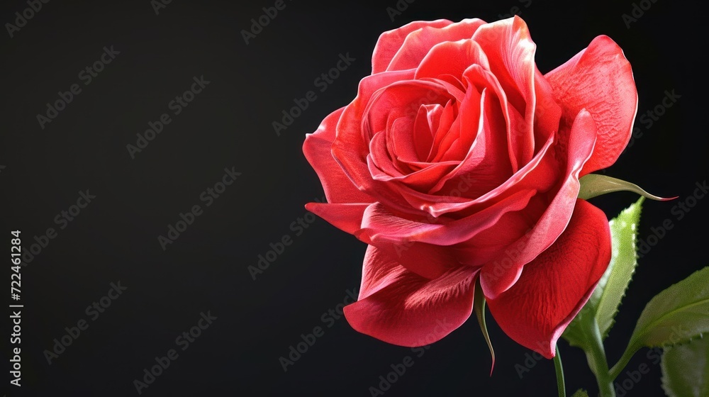  a close up of a red rose on a black background with only one flower in the foreground and one in the foreground.