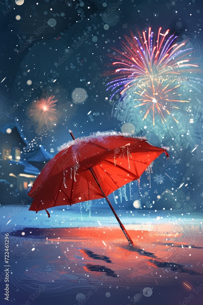 At night, a red umbrella is opened and placed on the ground. Snow falls on the umbrella, and fireworks light up the night sky while it snows.