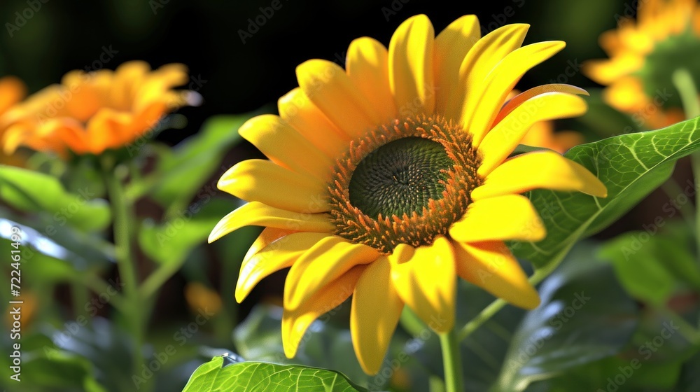 Fototapeta premium a close up of a sunflower with green leaves in the foreground and a blurry background in the background.