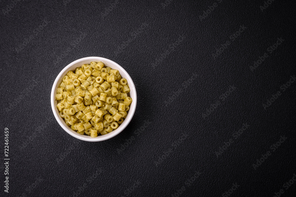Delicious ditali pasta from durum wheat with salt and spices Delicious ditali pasta from durum wheat with salt and spices