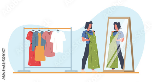 Young woman chooses beautiful dress from her closet. Pretty young woman character at fitting room. Cloth changing. Trendy fashion. Cartoon flat style isolated vector shopping concept