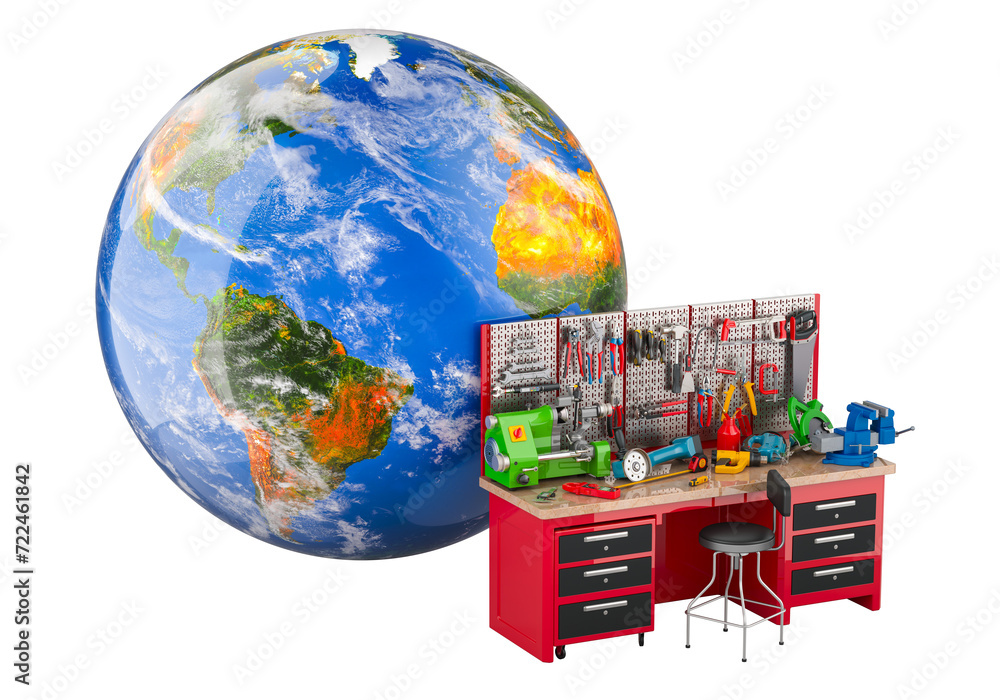 Maintenance work table with tools with Earth Globe. Service, repair and ...