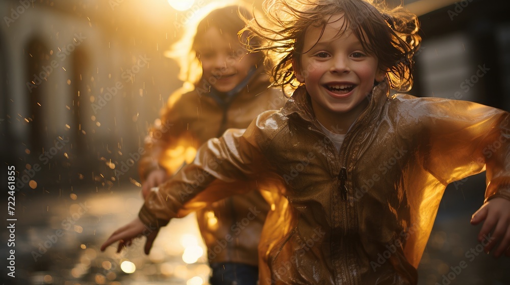 Happy smiling children in peach raincoat and rain boots running