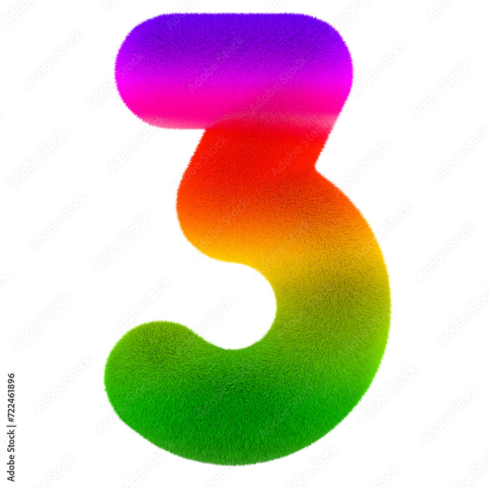 Number 3, Colored, fluffy, hairy font. 3D rendering isolated on transparent background Number 3, Colored, fluffy, hairy font. 3D rendering isolated on transparent background