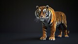  a 3d model of a tiger standing on a black background with a black background and a white stripe on the front of the tiger's face.