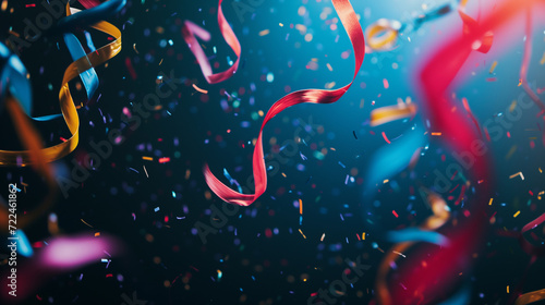 rubans, flon-flons, serpentins qui tombent devant un fond bleu foncé, avec des confettis. Carnaval, anniversaire, fêtes de fin d'année, animations Espace négatif texte - copyspace photo