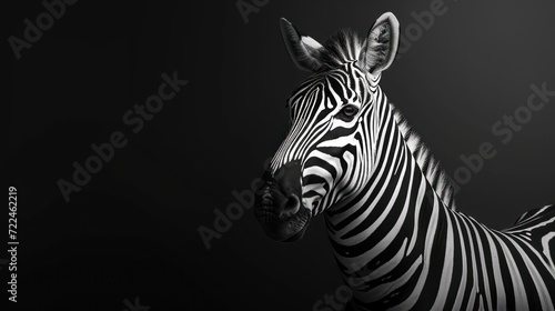 a black and white photo of a zebra's head in the middle of the frame with a black background. © Anna