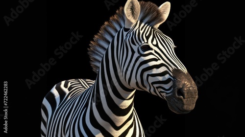  a close up of a zebra's head on a black background with a blurry image of the back end of the zebra's head.