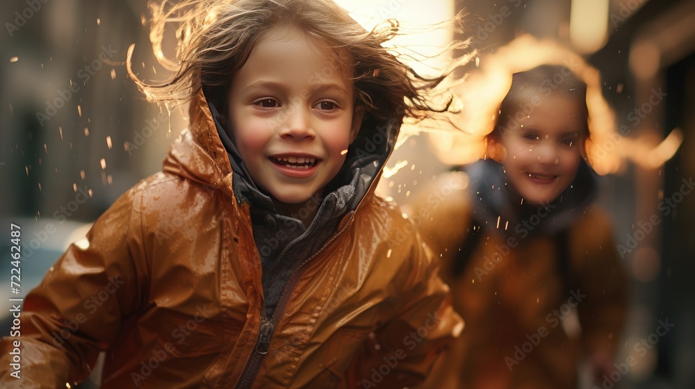 Happy smiling children in peach raincoat and rain boots running Happy smiling children in peach raincoat and rain boots running