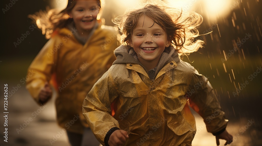 Happy smiling children in peach raincoat and rain boots running Happy smiling children in peach raincoat and rain boots running
