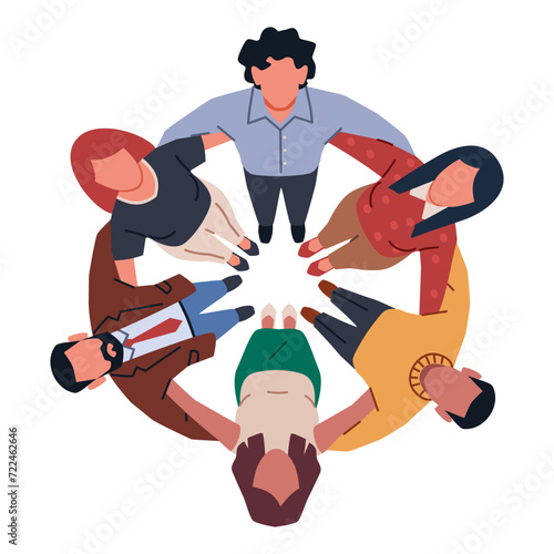 Team huddle. Business people looks up, gathered in circle, hugging employees, successful collaboration, joint work, men and women unity, cartoon flat isolated nowaday vector concept