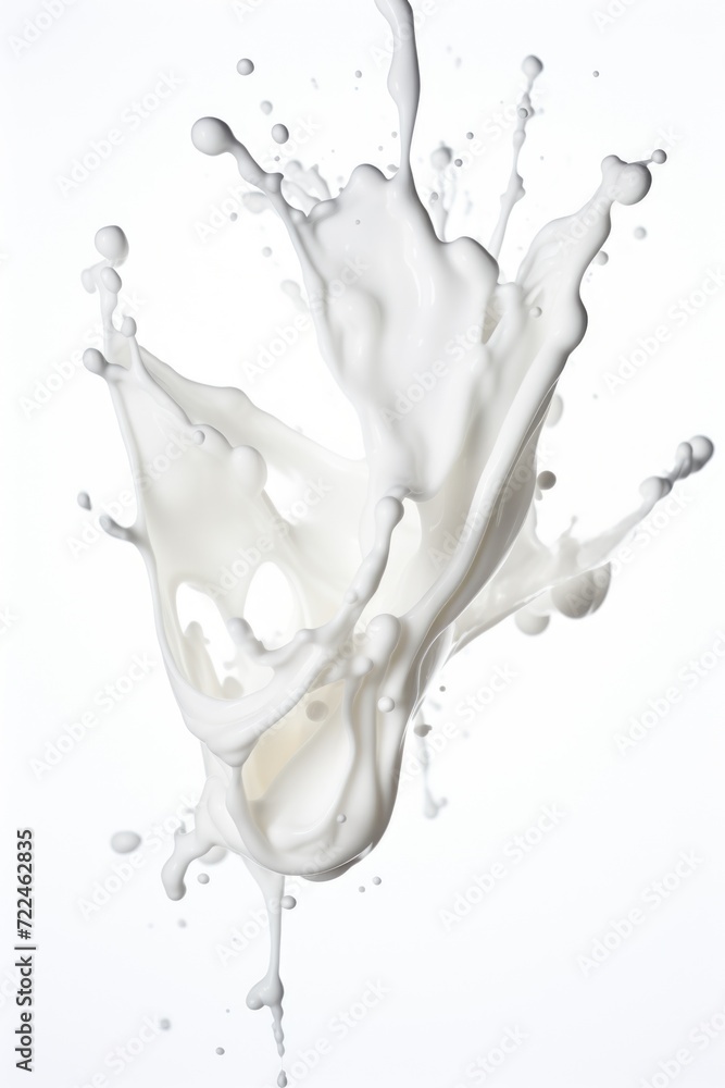A splash of milk captured on a white surface. Perfect for food and beverage related projects