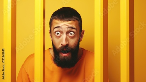 Fotografia A man with a surprised expression on his face is seen behind bars