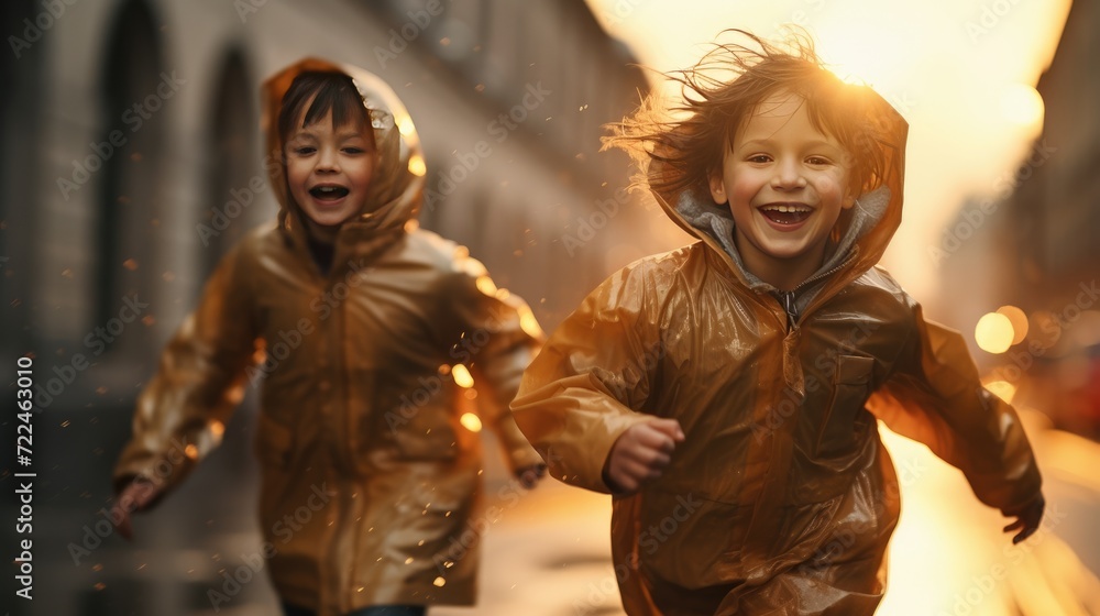 Happy smiling children in peach raincoat and rain boots running Happy smiling children in peach raincoat and rain boots running
