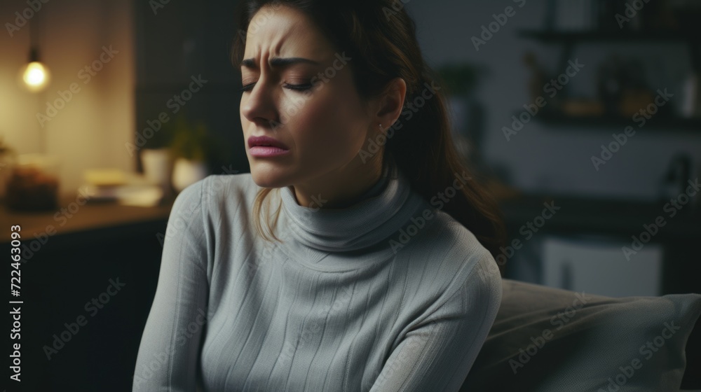 Obraz premium A woman sitting on a couch with her eyes closed. This picture can be used to represent relaxation, meditation, or peacefulness