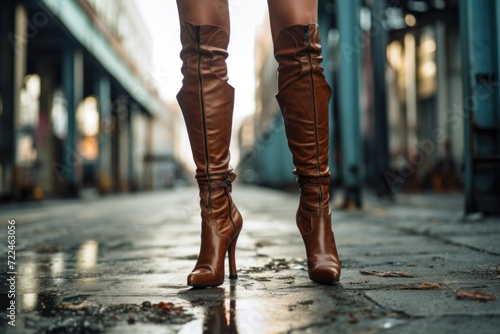 A woman confidently walks down the street in high heel boots. This image can be used to depict fashion, style, confidence, or urban lifestyle