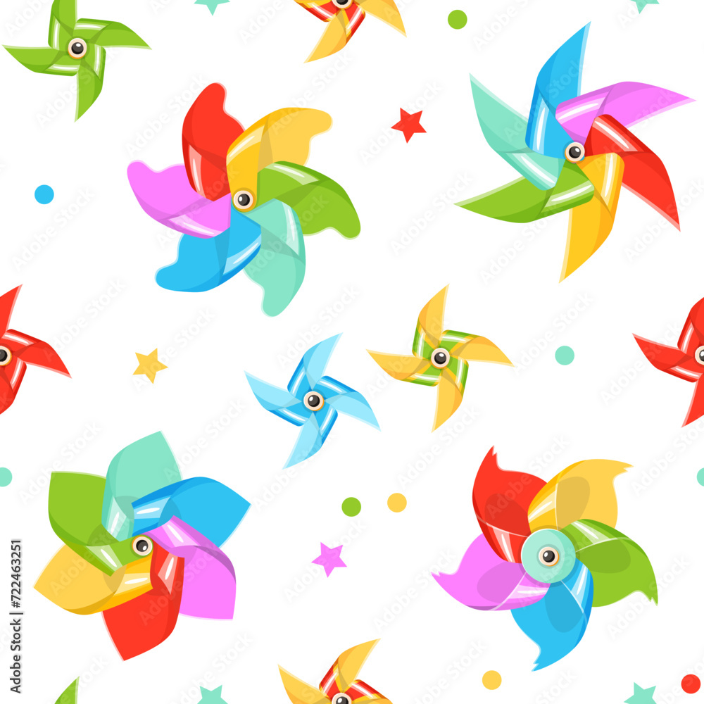 Pinwheel seamless pattern. Colorful paper windmills, repeated kids toys, summer fan spinners, bright rotating vanes. Textile and wrapping paper, wallpaper design. Print for fabric vector background