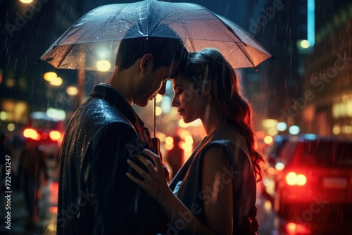 A picture of a man and woman standing together under an umbrella in the rain. Suitable for illustrating love, protection, or rainy weather themes