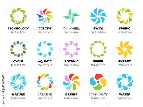 Pinwheel logo templates. Circular simple signs  colorful shapes for business  abstract design  rainbow spinner  different companies logotype template  vector isolated set