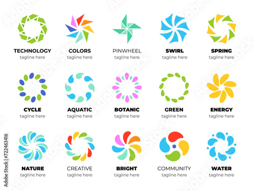Pinwheel logo templates. Circular simple signs, colorful shapes for business, abstract design, rainbow spinner, different companies logotype template, vector isolated set