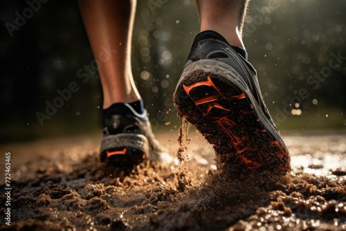 Close up shot of a person's shoes covered in mud. Perfect for illustrating outdoor activities or messy situations photo