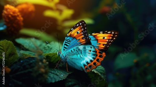 A beautiful blue and orange butterfly perched on a leaf. Perfect for nature and wildlife enthusiasts