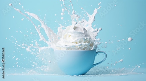  a blue cup filled with whipped cream on top of a light blue surface with drops of water coming out of it.