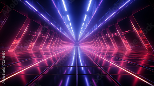 Lighting effect red and blue neon background. neon glowing lines in a dark tunnel.