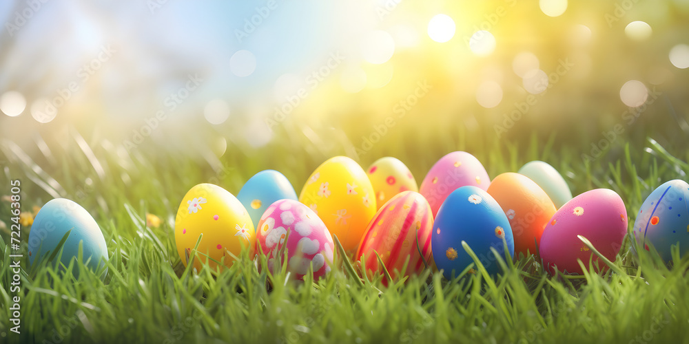 Colorful easter eggs in green spring grass meadow, abstract easter background 